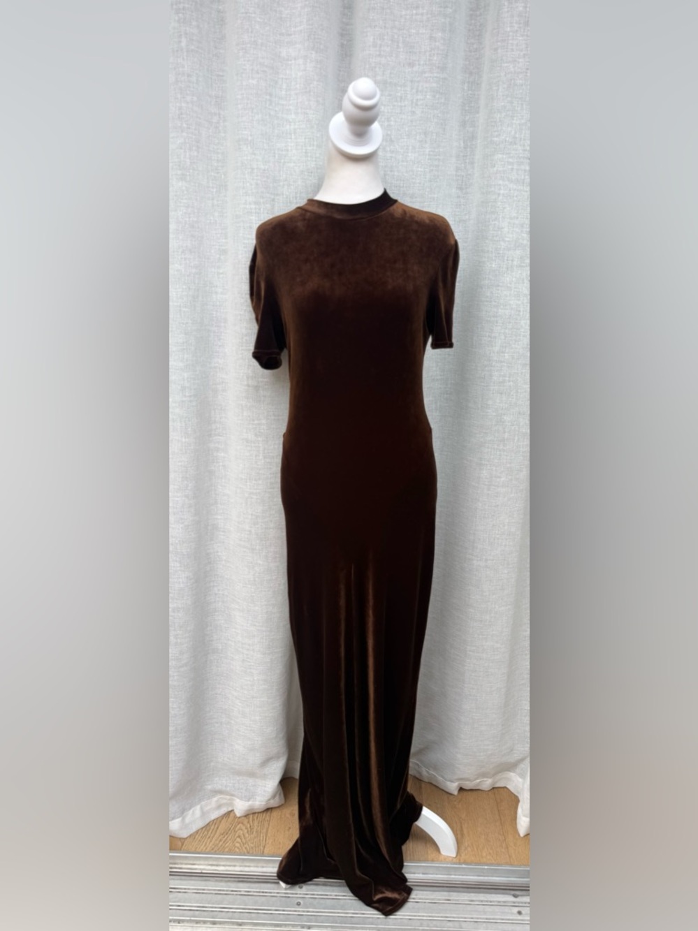 Chocolate Brown velvet short sleeve maxi dress gown